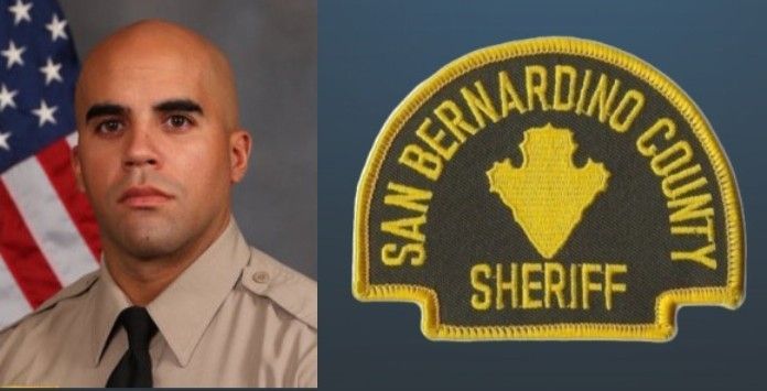 A man in a police uniform next to a deputy sheriff 's office patch