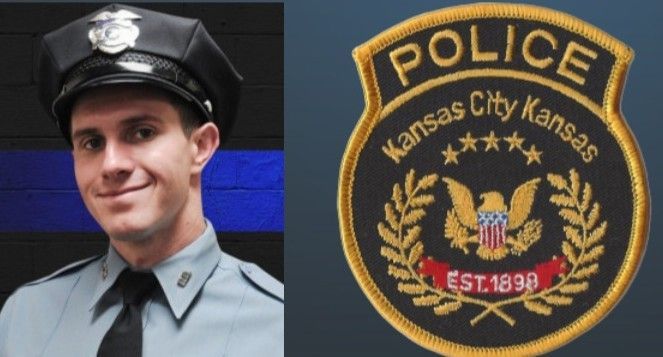 Officer in uniform next to Kansas City Kansas Police badge.