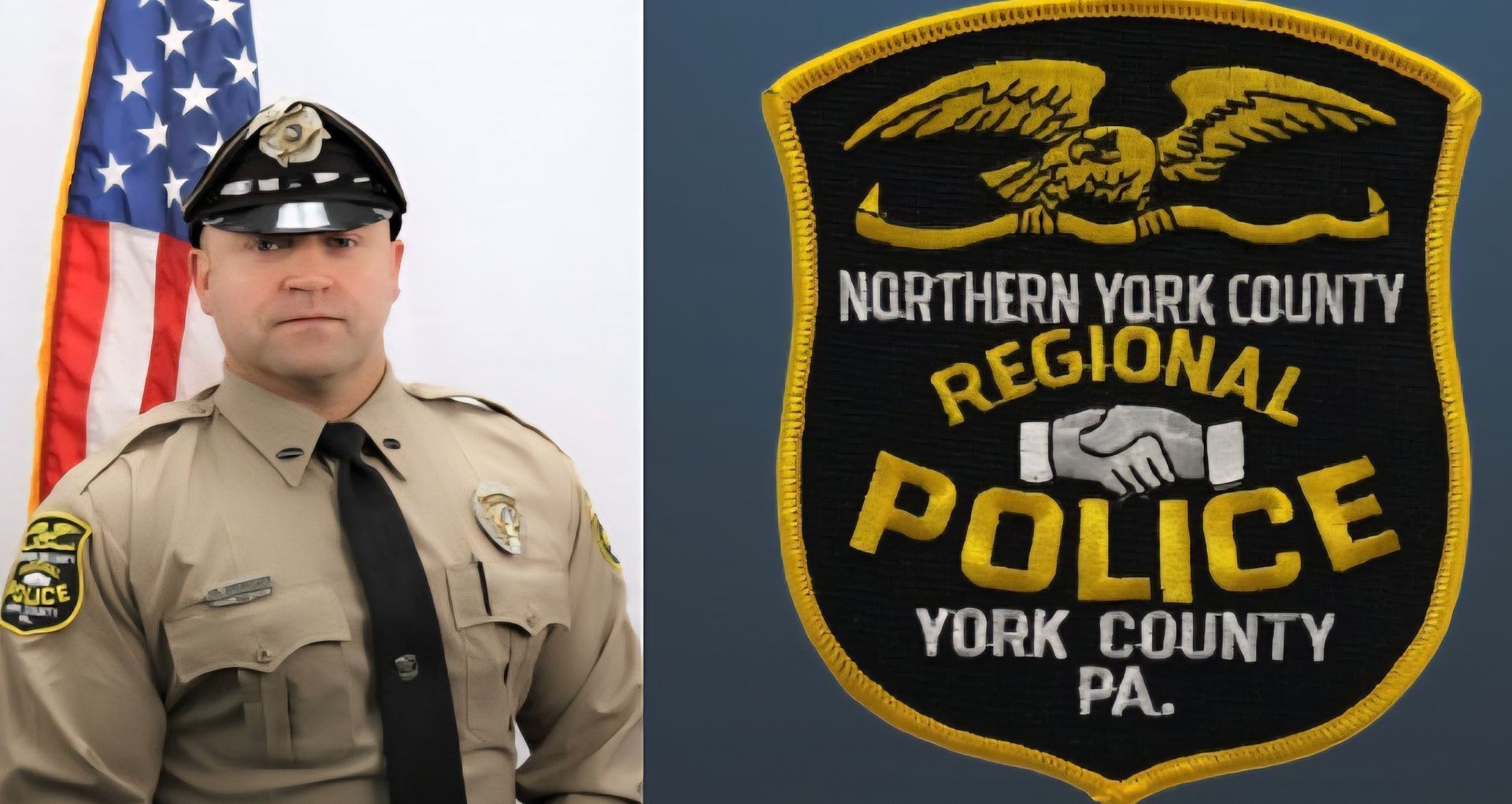 Officer in uniform stands next to American flag, agency patch on arm. Agency badge: Northern York County Police.