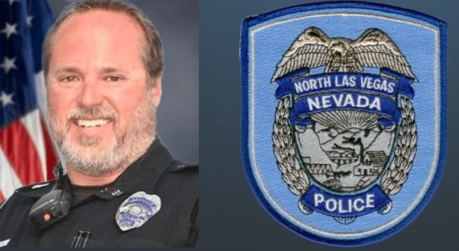 A man in a police uniform is smiling next to a north las vegas nevada police patch.