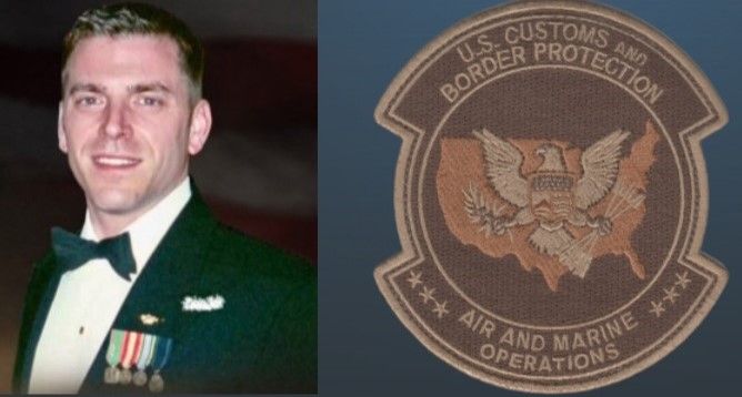 A man in a tuxedo next to a u.s. customs and border protection patch
