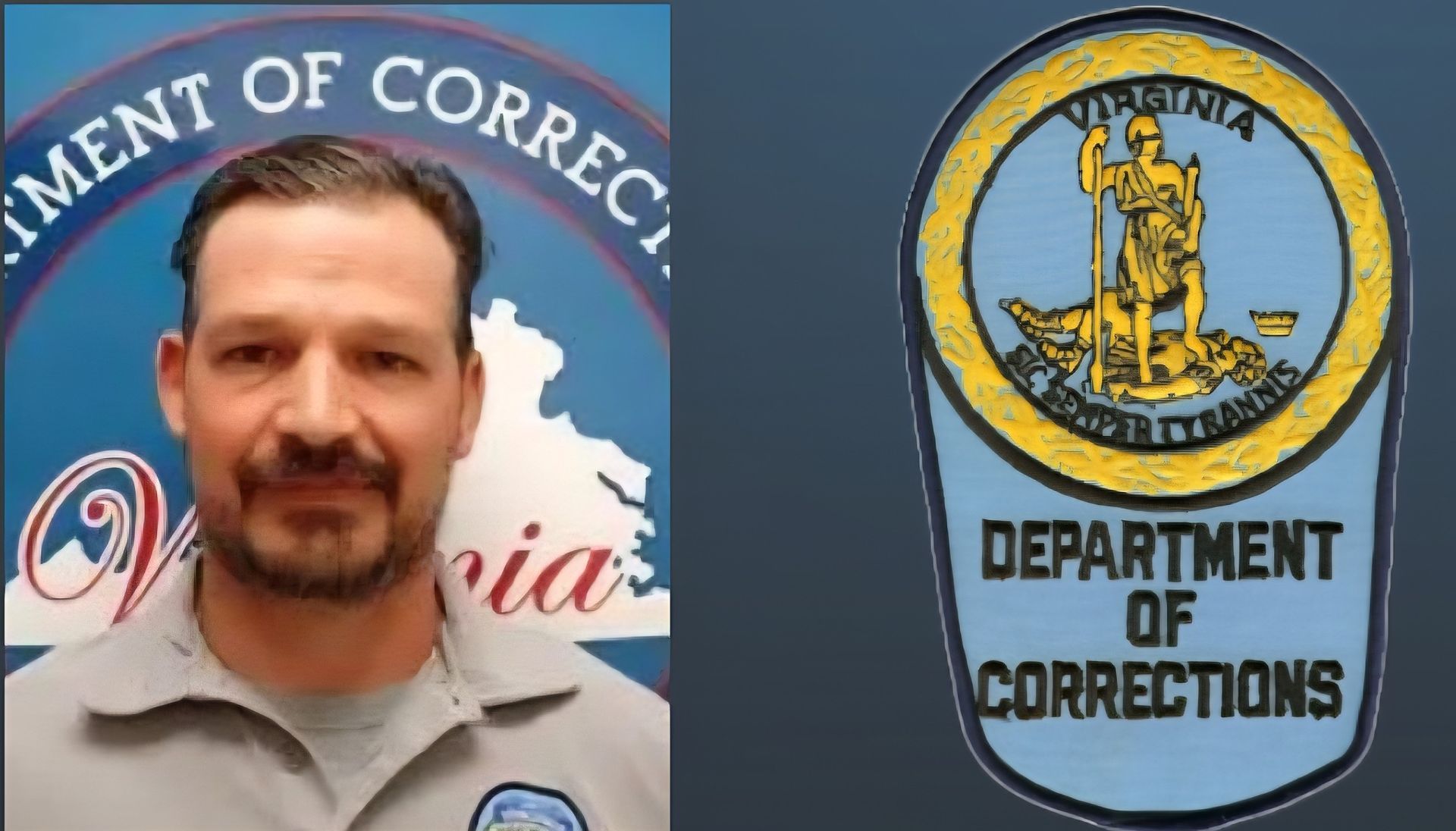 Man in gray uniform in front of a Virginia Department of Corrections backdrop, with the agency's logo.