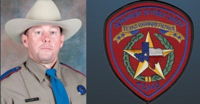 Texas Highway Patrol officer portrait next to the TX Highway Patrol badge. Officer in tan uniform, blue tie, wearing a cowboy hat.