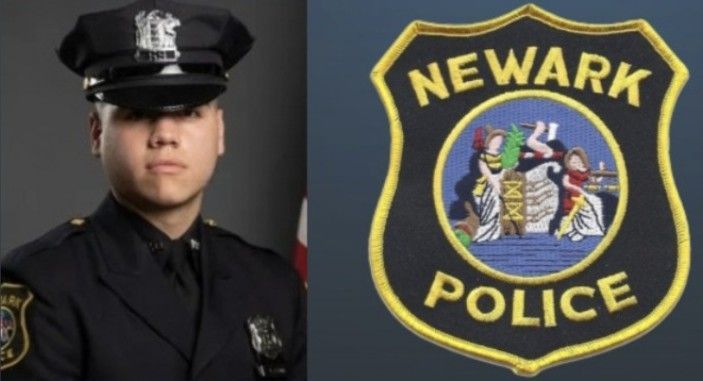 A man in a police uniform is next to a newark police emblem