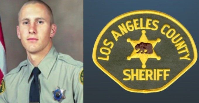 Los Angeles County Sheriff's deputy portrait beside Sheriff's badge, both in shades of green and gold.