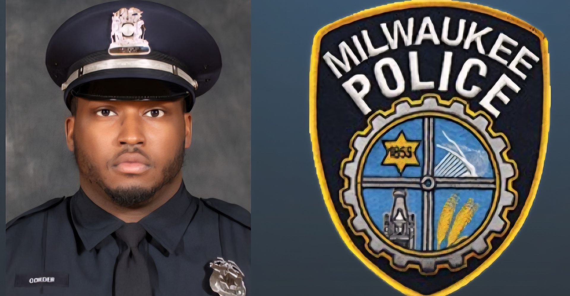 Milwaukee Police officer next to Milwaukee Police Department badge. Officer wears a dark uniform and has a serious expression.