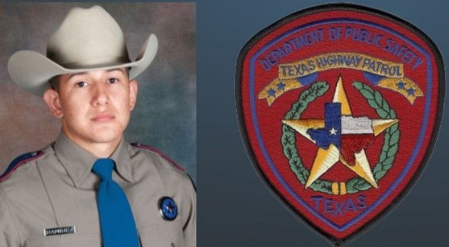 A texas highway patrol badge next to a man in a cowboy hat