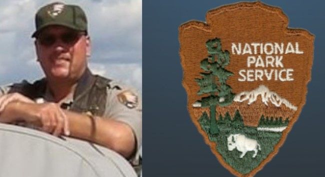 A national park service badge next to a man