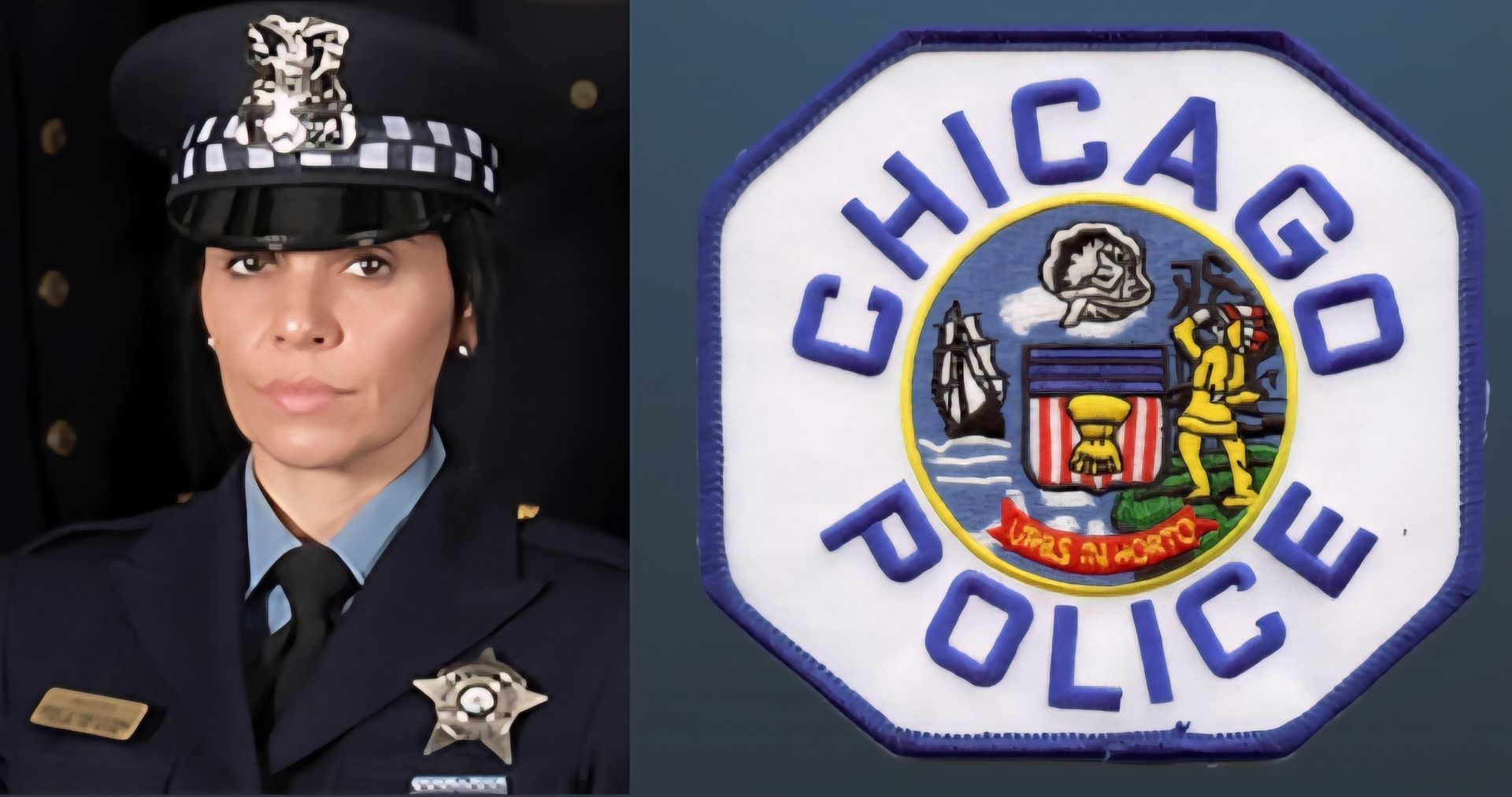 A woman in a police uniform next to a chicago police patch