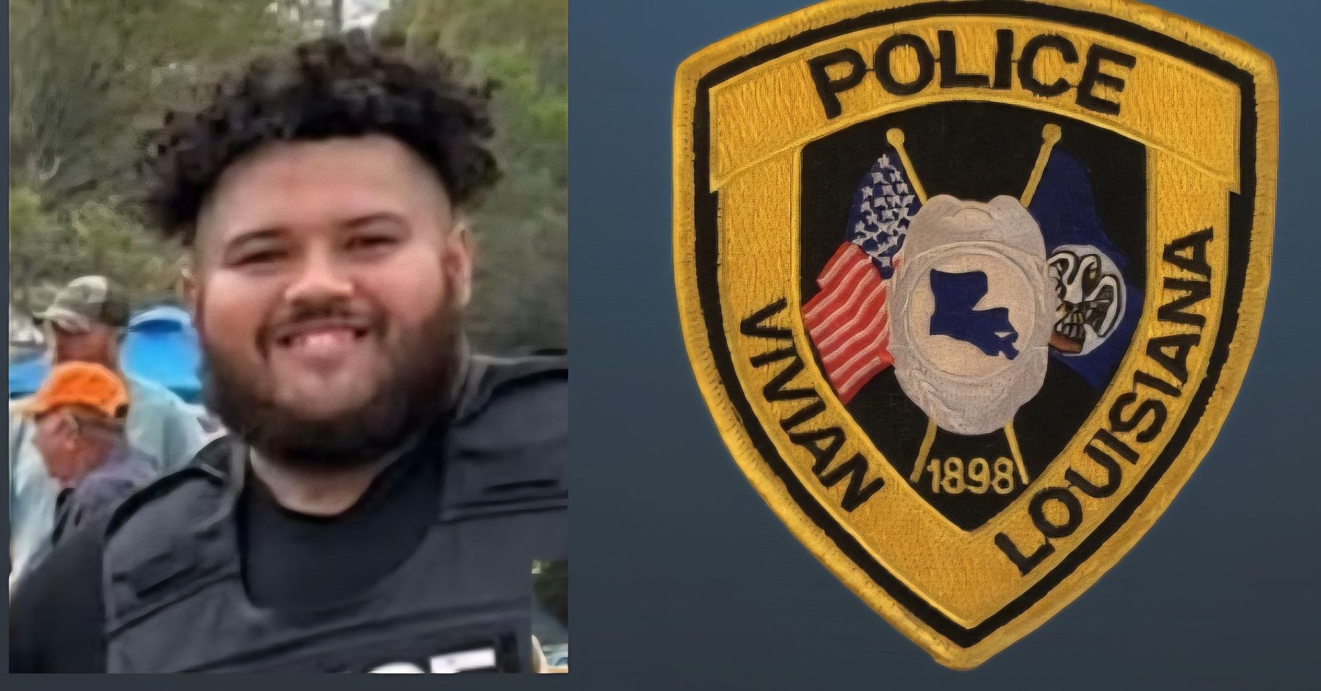 Smiling person in uniform next to the Vivian, Louisiana Police Department badge.