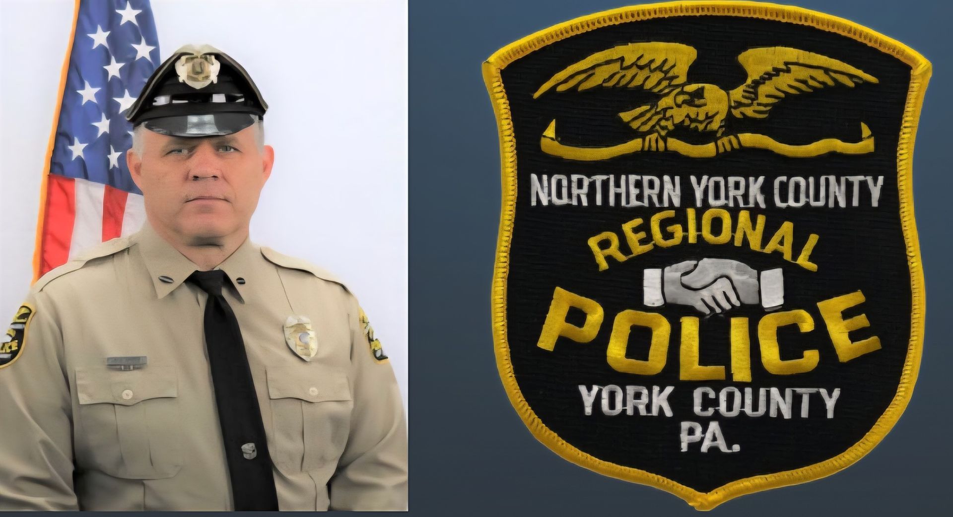 Police officer in uniform stands next to the Northern York County Regional Police badge.