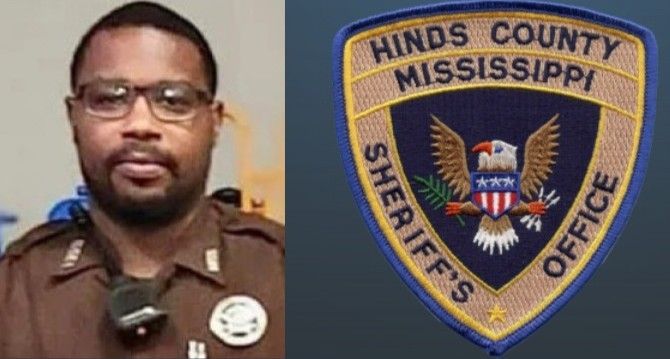 A man in a brown uniform is next to a mississippi sheriff 's badge.