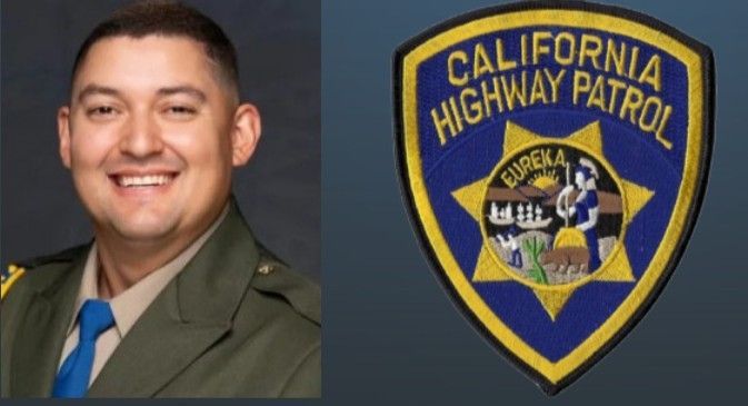 A California Highway Patrol officer smiling next to the CHP badge.