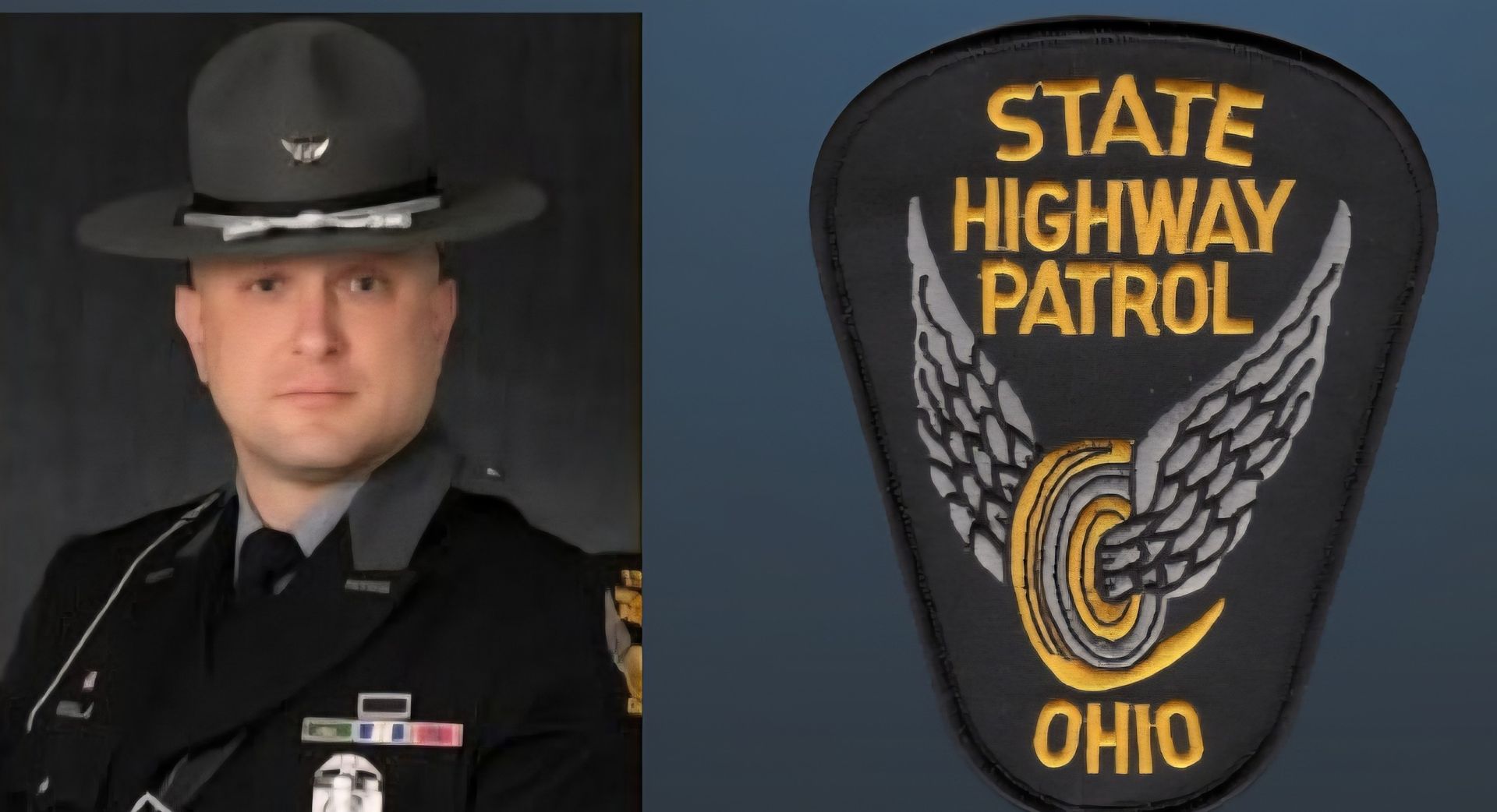 Ohio State Highway Patrol officer in uniform; patch on right.
