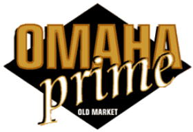 Omaha Prime logo with gold text on a black diamond shape; 