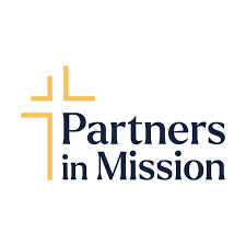 Logo of Partners in Mission, with a gold cross beside the navy text.