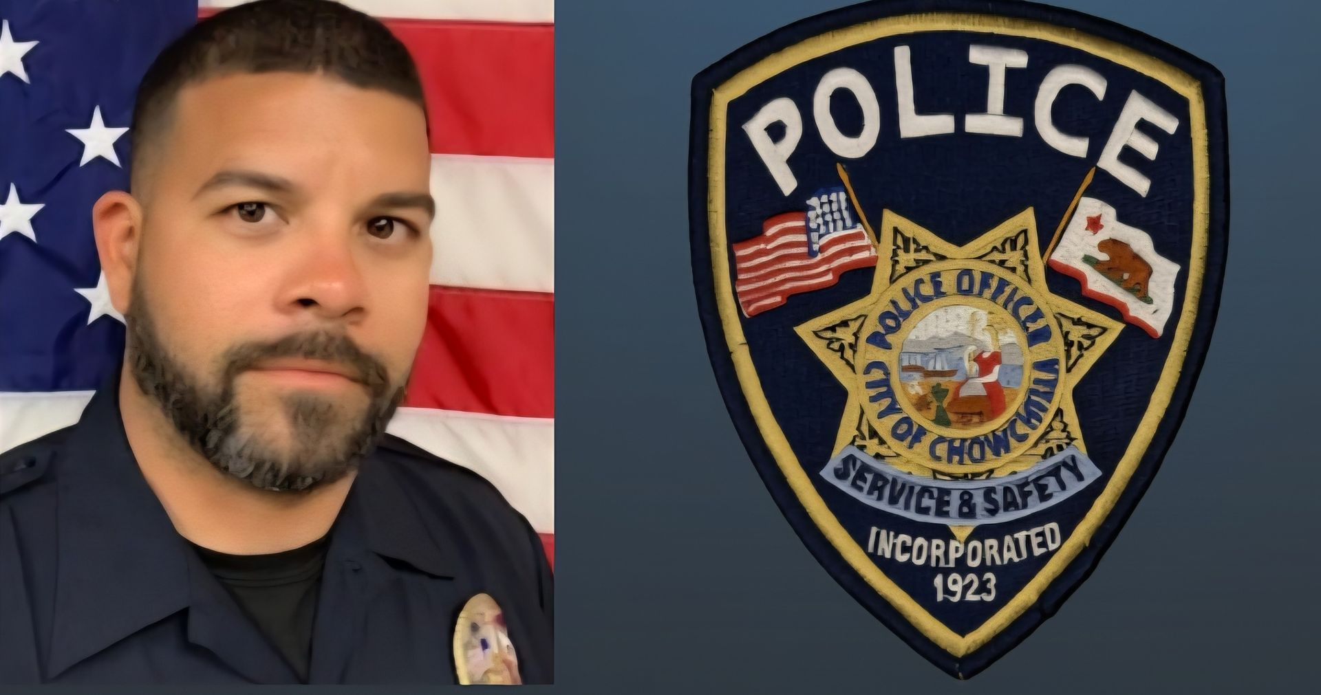 Police officer with an American flag and city of Chowchilla police badge.