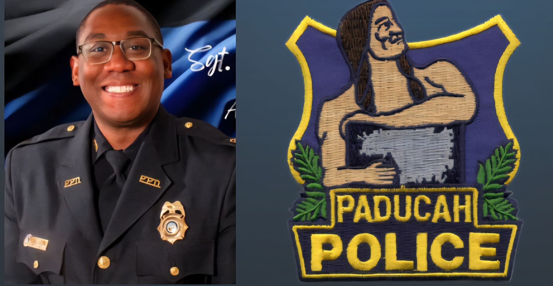 Paducah Police officer smiling, next to police badge with Native American figure.