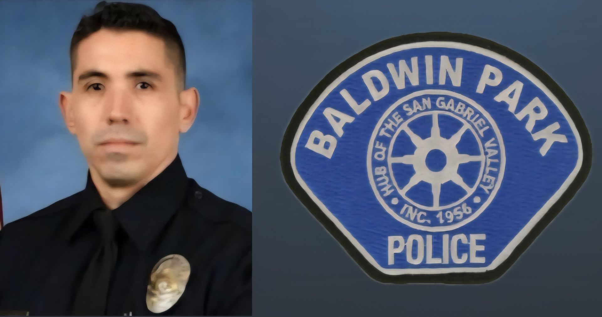 A baldwin park police badge next to a police officer