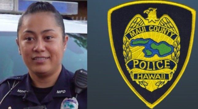 Maui County Police officer smiling next to the Maui County Police Department logo.