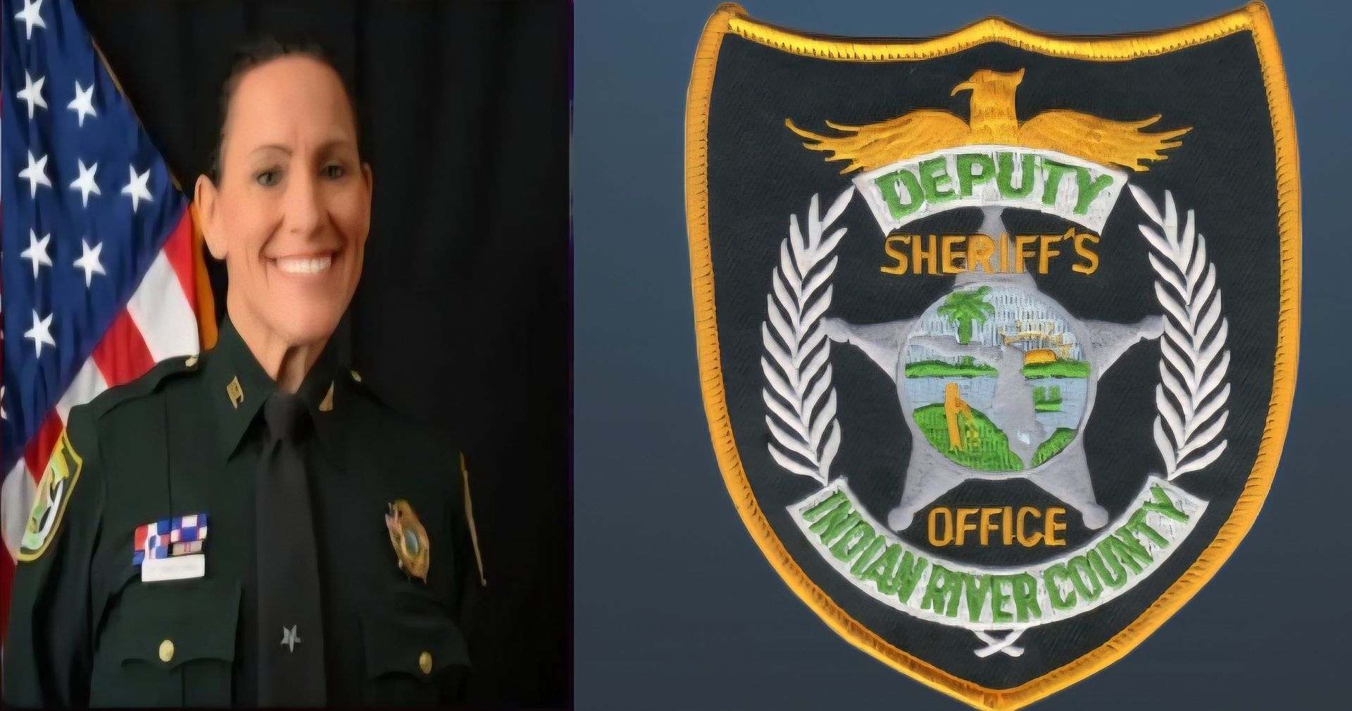 Deputy in uniform smiles next to Indian River County Sheriff's Office badge. An American flag is visible.
