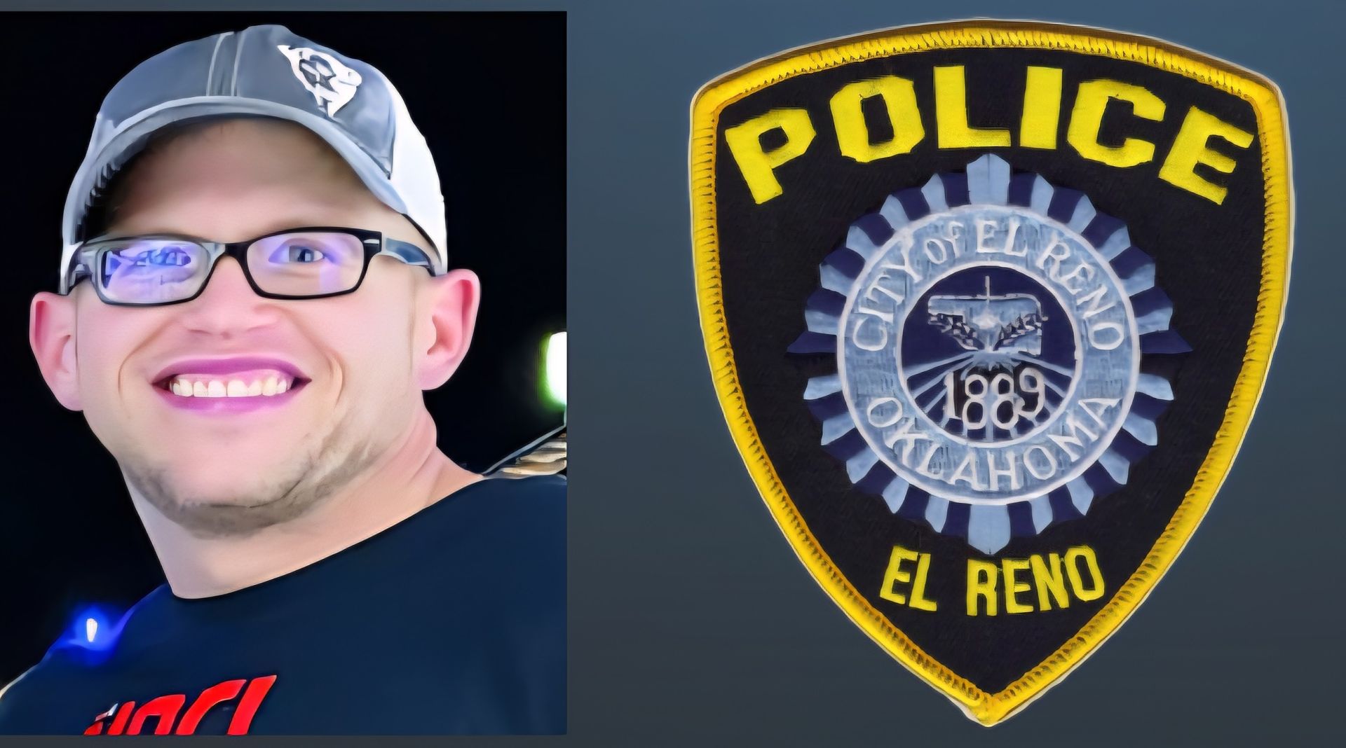 Man with glasses and a smiling face next to the El Reno, Oklahoma Police Department patch.
