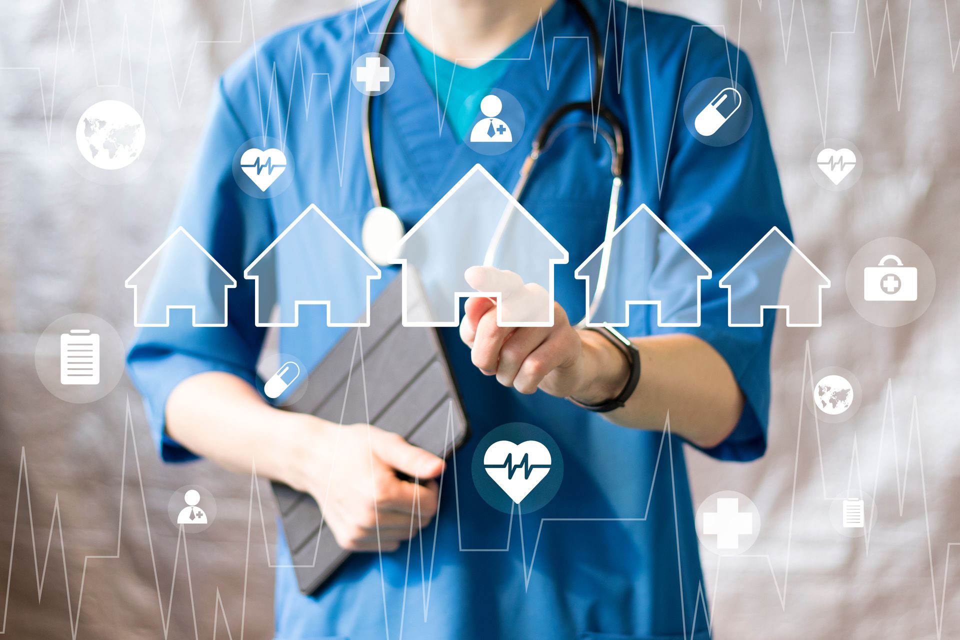 a nurse is holding a tablet with a stethoscope around her neck .