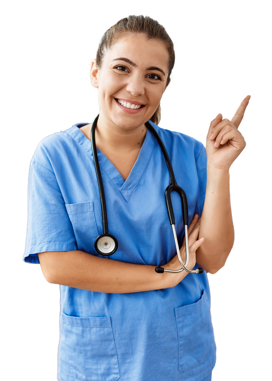 a nurse with a stethoscope around her neck is smiling and pointing up .