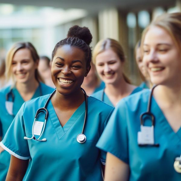 a group of nurses wearing blue scrubs and stethoscopes are smiling