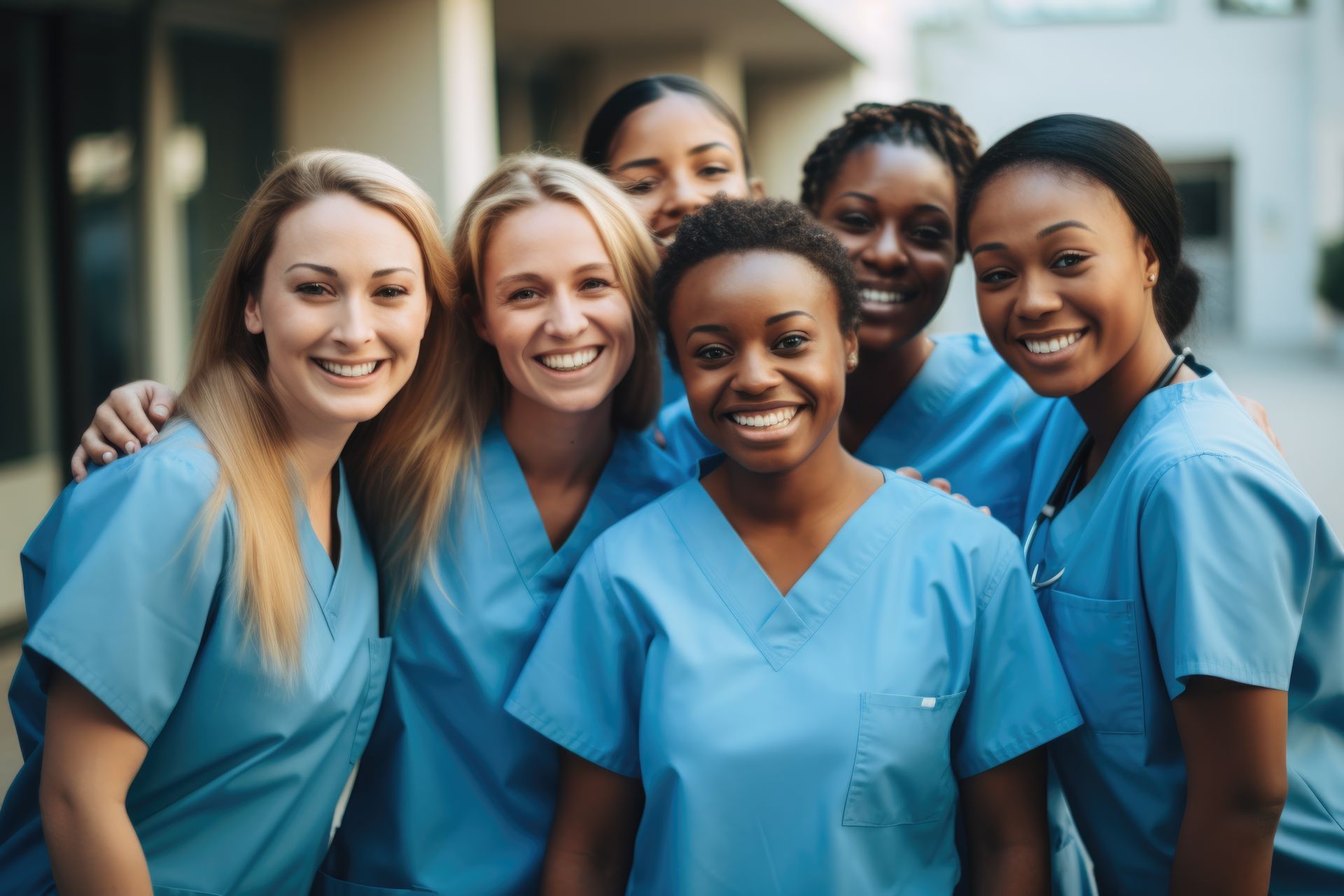 a group of nurses are posing for a picture together .