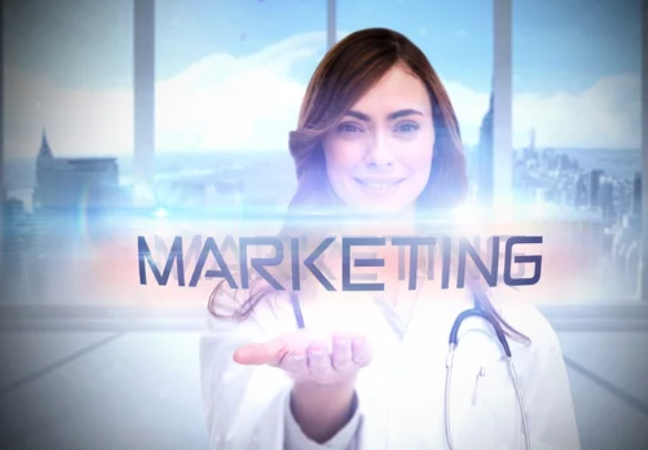 a female doctor is holding a sign that says marketing .