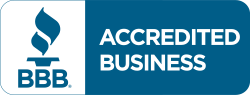 BBB Accredited Business logo with blue and white text and torch icon