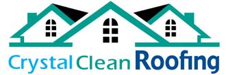 Crystal Clean Roofing logo with teal roof houses and blue text