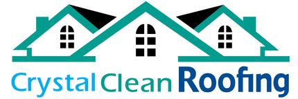 Crystal Clean Roofing logo with teal roof houses and blue text