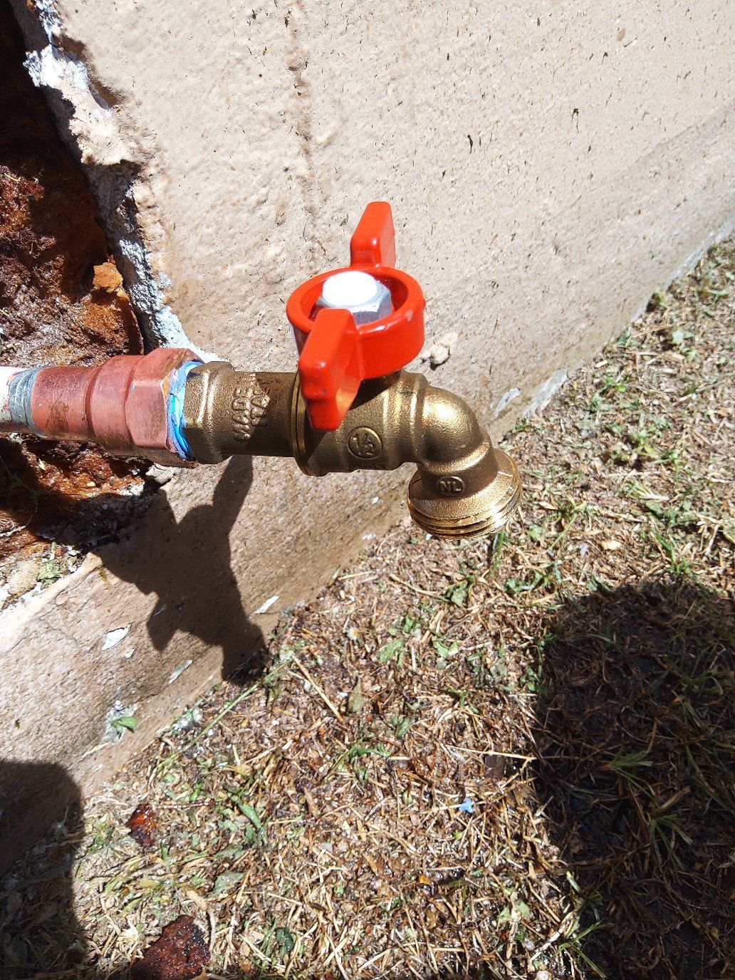 Outdoor spigot with red handle on concrete structure, grass, and water hose.