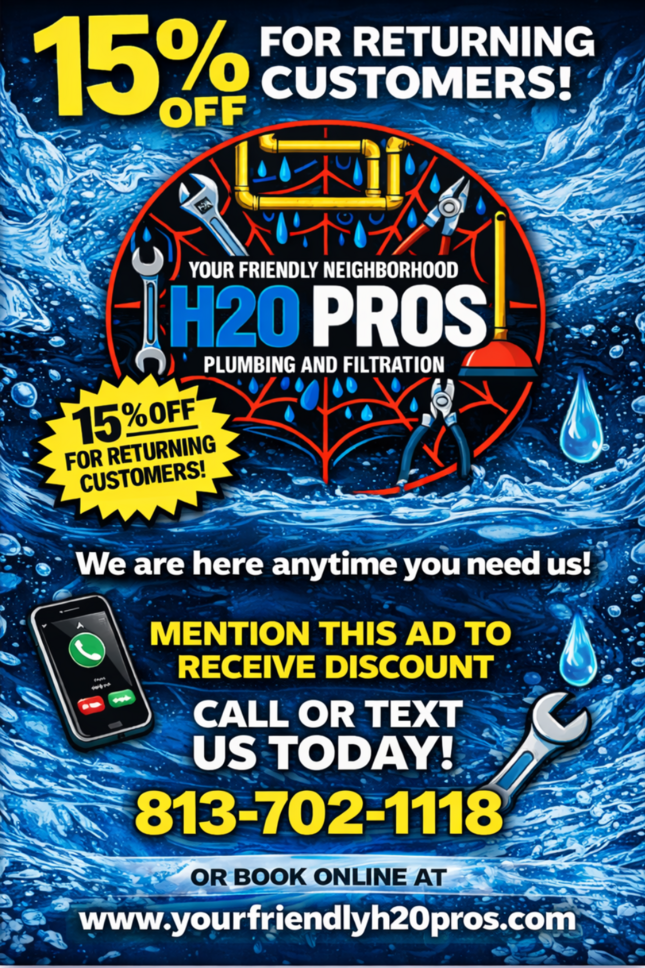 Ad for H2O Pros plumbing services: offers 15% off for returning customers. Features plumbing tools & phone.