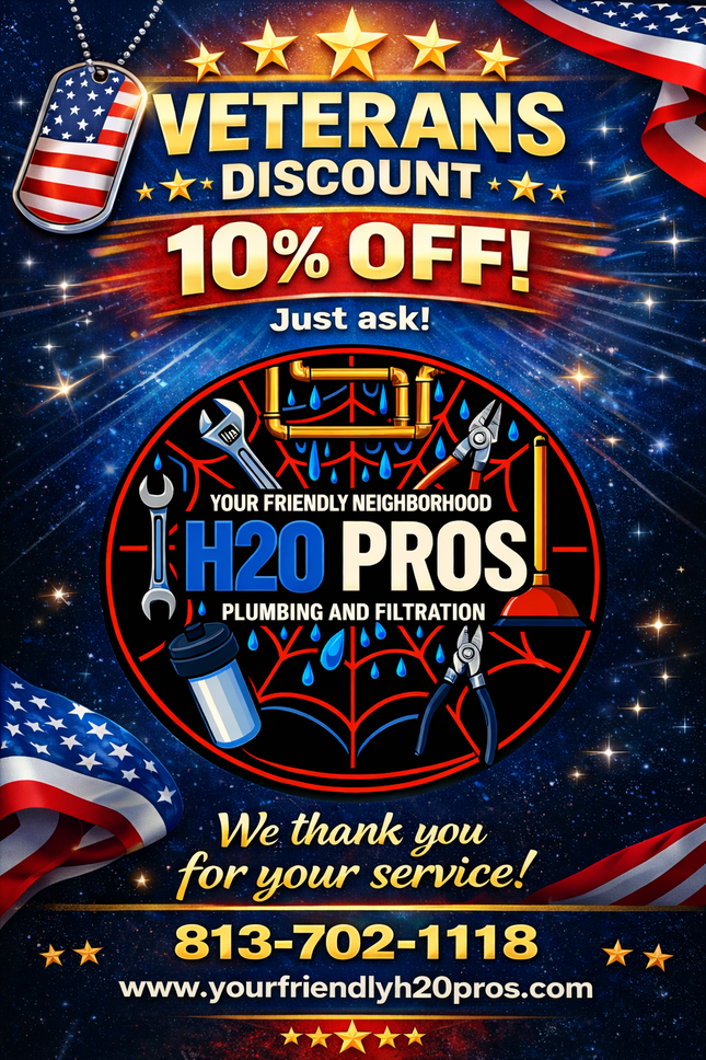 Advertisement: H2O Pros plumbing discount for veterans. Includes tools, flags, and phone number.