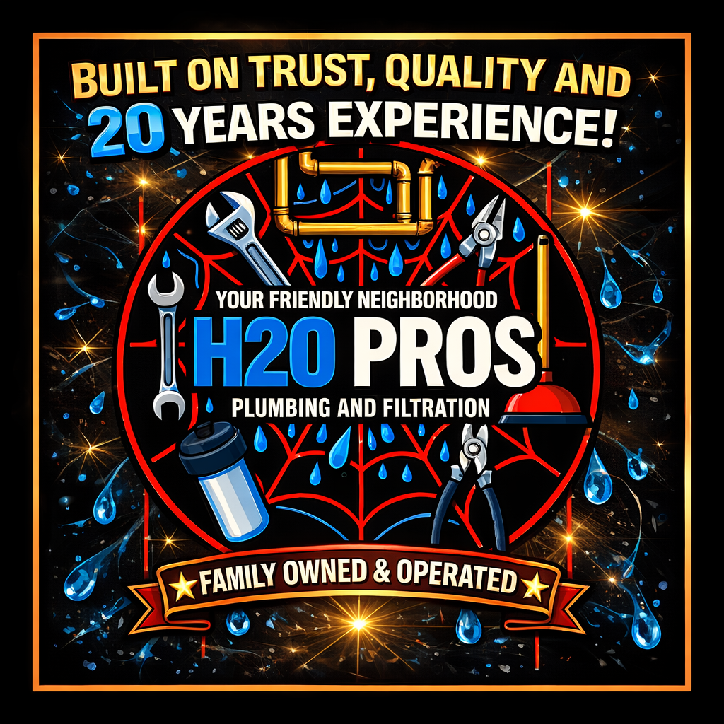 Advertisement for H20 Pros plumbing and filtration services. Features tools and water droplets, with
