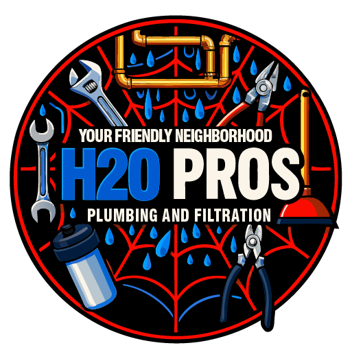 Logo for H2O Pros plumbing and filtration: tools, water drops, and pipes in a red and black circular design.