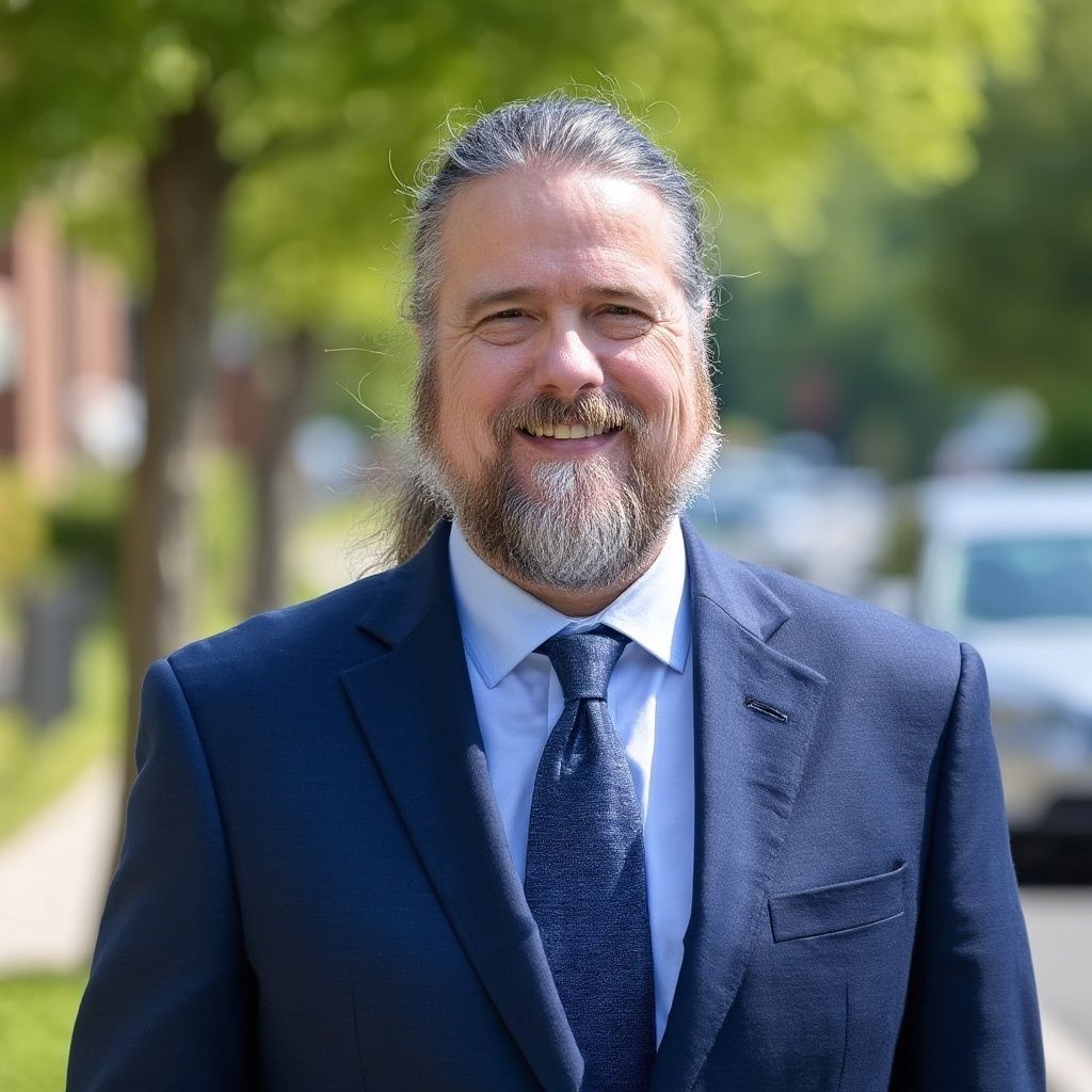 Man in suit signing document at a desk in a wood-paneled office.
