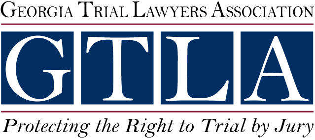 Logo of the Georgia Trial Lawyers Association: GTLA initials in white on blue squares, with text