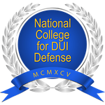 Logo for the National College for DUI Defense: blue circle with gold text and banner, surrounded by silver wreath.