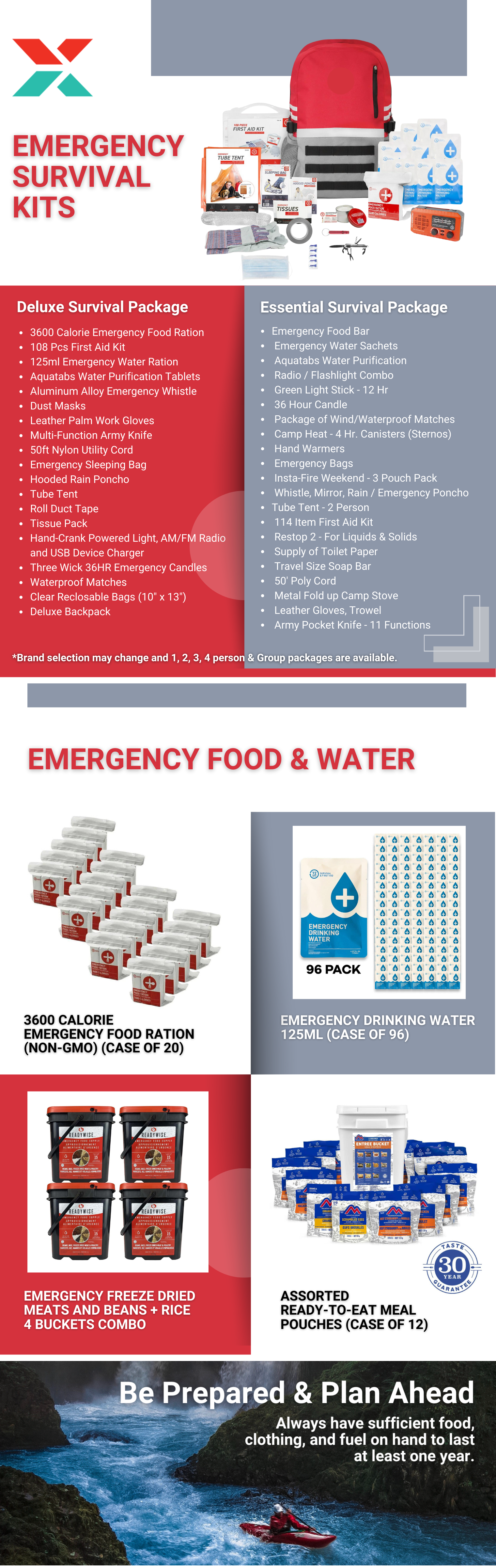 A flyer for emergency survival kits shows various items