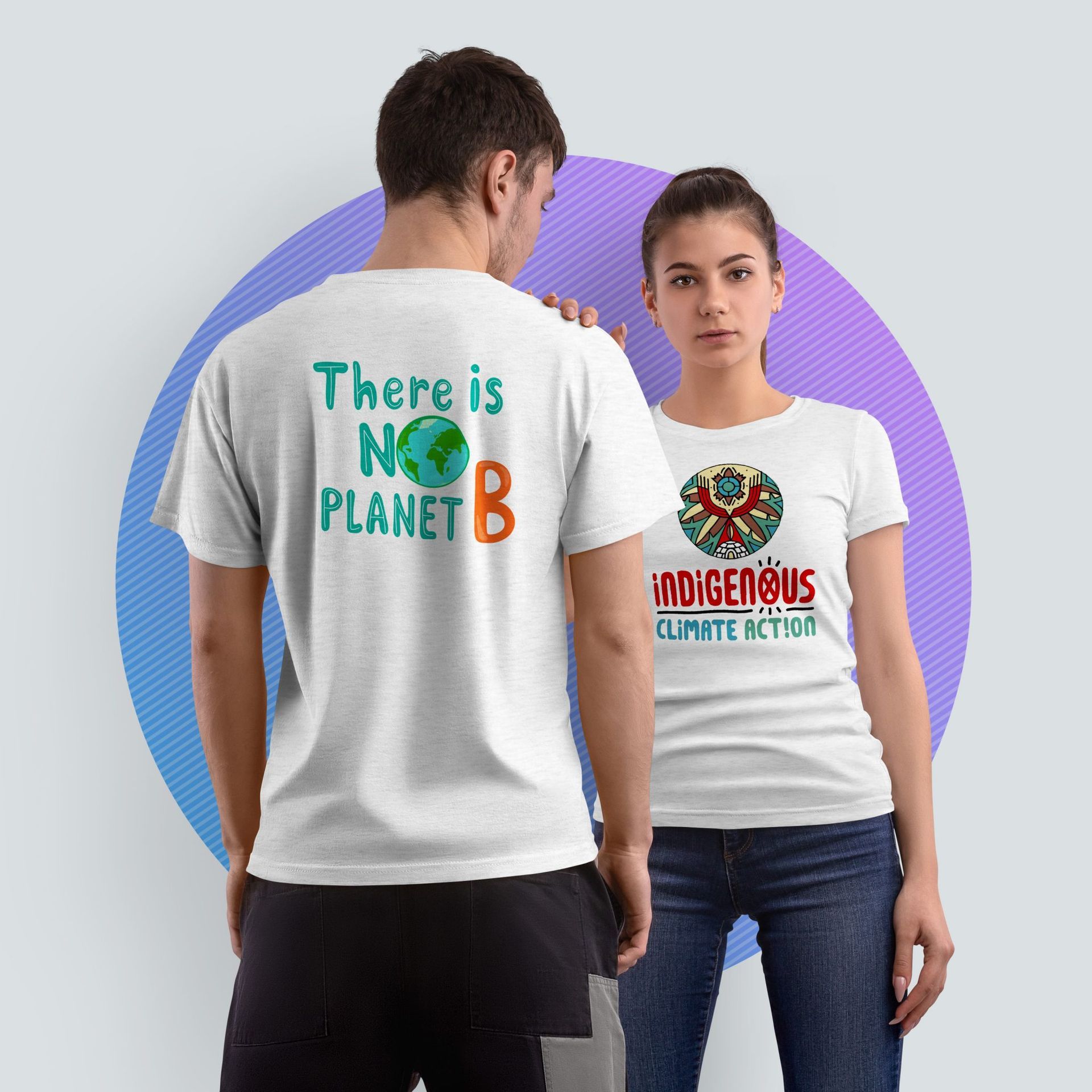 A man and a woman wearing t-shirts that say there is no planet b