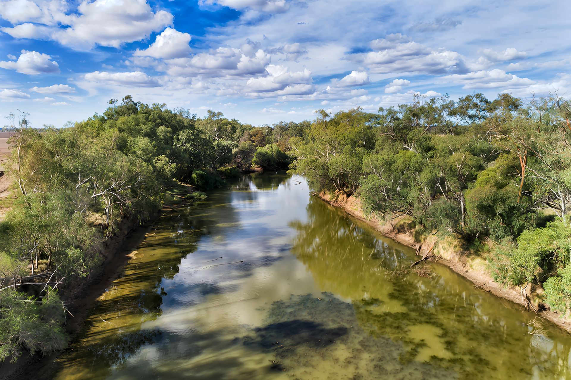 An Aerial View of a River Surrounded by Trees on a Sunny Day — Tamworth Blinds & Awnings in Narrabri, NSW