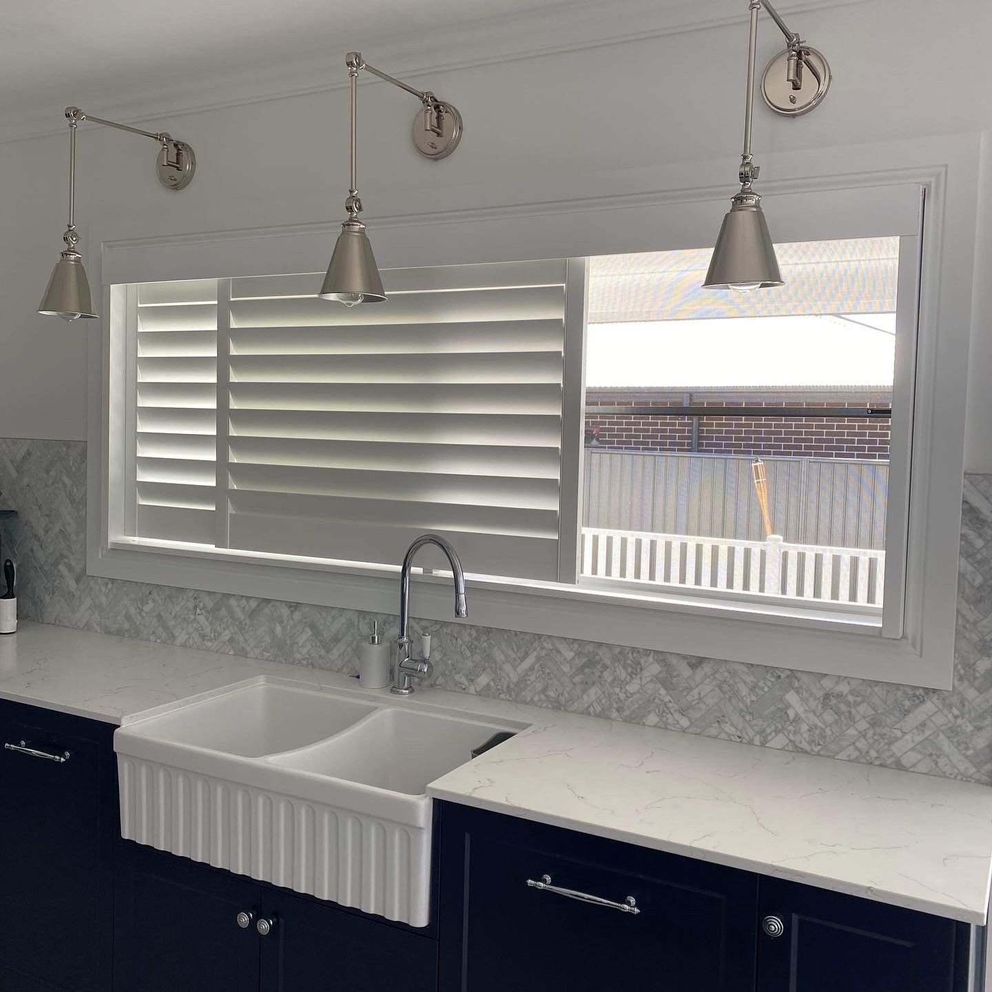 Modern Kitchen with New White Blinds — Tamworth Blinds & Awnings in Tamworth, NSW