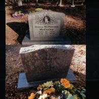 A front and back view of a gray granite headstone for Dena McPherson McCurley, set in a cemetery with flowers in front.