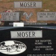 Two gravestones for the Moser family, listing names, dates, family members, and an engraved nature scene.