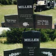A two-part photo of a black granite headstone inscribed with 