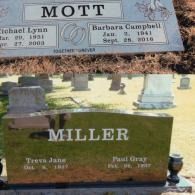 Two gravestones in a cemetery, featuring the names MOTT and MILLER with birth and death dates for four individuals.